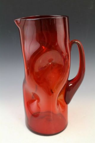 Vintage Mid Century Modern Blenko American Art Glass Ruby Red Pinch Pitcher 4