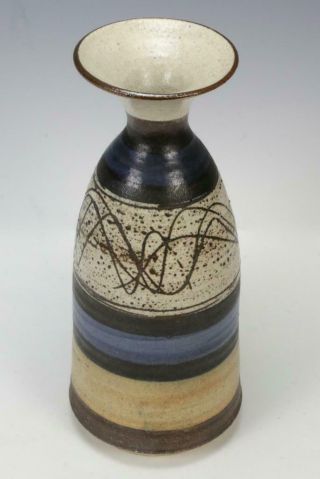 Vintage Artisan Mid Century Modern Pottery Vase Handcrafted Studio Mcm Tan Blue