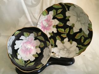 Vintage Paragon England Black Pink & White Peony Flower Cup & Saucer