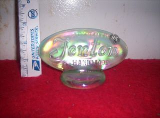 Fenton Logo Glass,  Green Iridescent Logo Sign 2 3/4 X 5 1/4 Rare 95