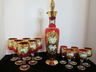 Elegant Bohemian Ruby Red & Gold Gilt Decanter & 11 Goblets Raised Flowers