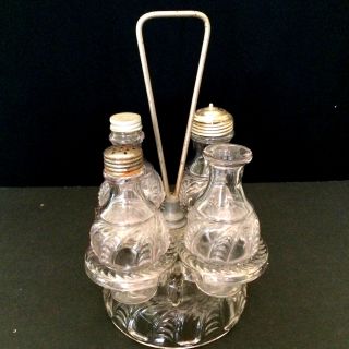 Antique 5 Pc Glass Castor Cruet Condiment Set