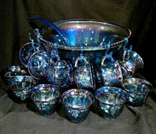 Blue Princess Punch Set 7446 26pc Indiana Carnival Glass Punch Bowl 12 Cups