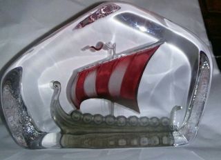 Mats Jonasson Art Crystal Etched Viking Ship Sculpture Made In Sweden
