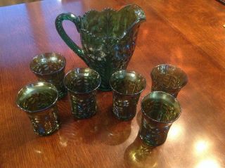 Vintage Green Depression Glassware,  Pitcher With 6 Glasses,  Raised Flower Pattern