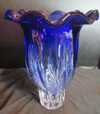 Cobalt Blue To Clear Murano Style Art Glass Heavy Vase 13 1/4 " Tall