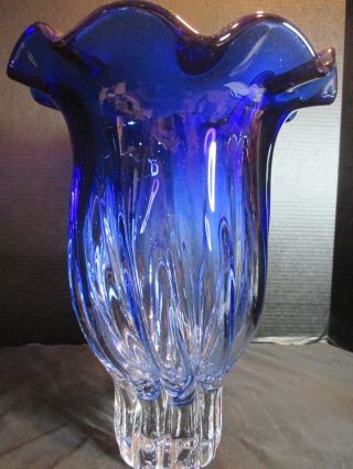 Cobalt Blue to Clear Murano Style Art Glass Heavy Vase 13 1/4 