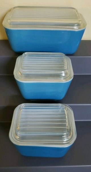 3 Vintage Pyrex Blue Refrigerator Dishes 501,  502