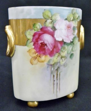 C.  1900 H & C Heinrich Bavaria Rose & Heavy Gold Trim Oval Footed 8 " Vase