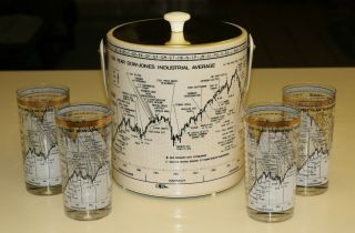 Vintage 10 - Year Dow Jones Industrial Average Ice Bucket With 4 Glasses - Mcm