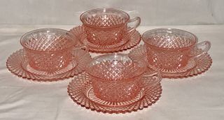 4 Anchor Hocking Miss America Pink Cups & Saucers