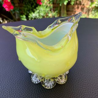 Victorian Stourbridge Art Glass Milk Yellow Footed Bowl Hand Blown White Casing