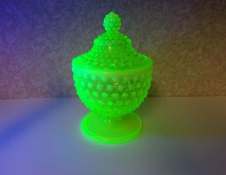 Vintage Fenton Art Glass Topaz Opalescent Hobnail Vaseline Ftd Candy Jar 389 Ex