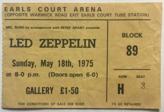 Led Zeppelin Concert Ticket Earls Court Arena London 1975