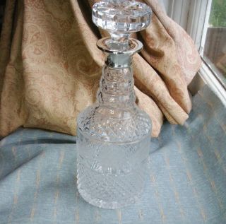 Old Vintage Crystal Glass Hand Cut Etched Floral Band Sterling Silver Decanter
