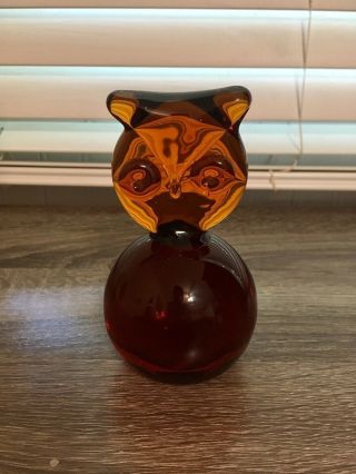 Vintage Mid Century Blenko Amber Art Glass Owl Paperweight 75c
