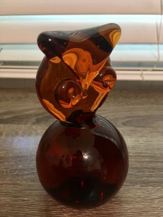 Vintage Mid Century Blenko Amber Art Glass Owl Paperweight 75C 2