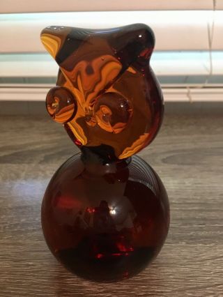 Vintage Mid Century Blenko Amber Art Glass Owl Paperweight 75C 3