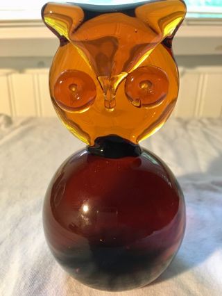 Vintage Mid Century Blenko Amber Art Glass Owl Paperweight 75C 6