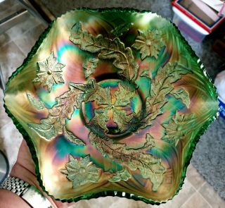 Stunning Carnival Glass Millersburg Whirling Leaves Green 10” Ruffled Bowl
