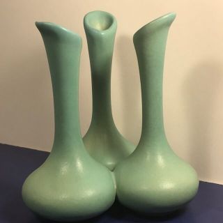 Vintage Van Briggle Pottery Green Blue Triple Connected Vase Sculpture Figurine