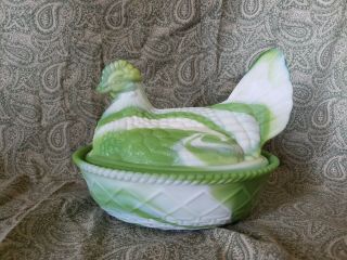 Vintage Westmoreland Glass Green And White Hen Chicken Candy Dish