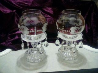 2 Stunning Bohemian Cut Glass Mantle Lusters Candle Holders Teardrop Prisms.