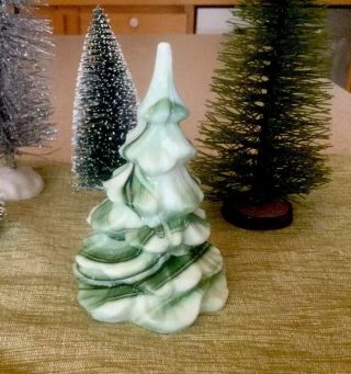 Vintage Fenton White Green Peppermint Slag Glass Christmas Pine Tree 4”