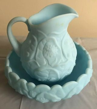 Vintage Fenton Blue Satin Wash Bowl And Pitcher With Water Lily Pattern 7”