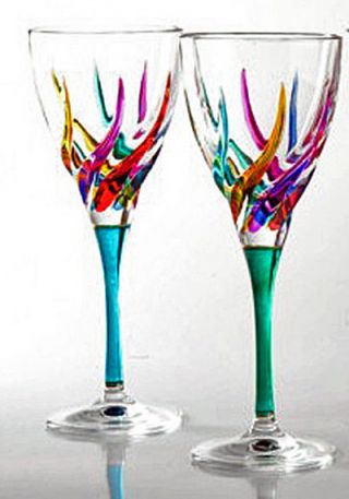 Glassware - Venetian Carnevale Wine Glasses - Set Of Two - Hand Painted Crystal