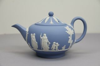 Vintage Wedgwood Jasperware Light Blue Teapot Classical Figures Decor