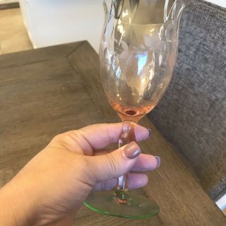 3 Wine Glasses Watermelon Vtg Pink & Green Diamond Optic Etched Leaves Elegant