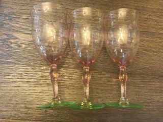 3 Wine Glasses Watermelon Vtg Pink & Green Diamond Optic Etched Leaves Elegant 3