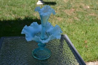 Fenton Glass Vintage Blue Opalescent Diamond Lace 1 Horn Epergne