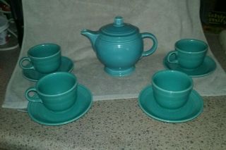 Vintage Fiestaware Turquoise Teapot Fiesta C Handle Tea Pot W/ 4 Cups & Saucers