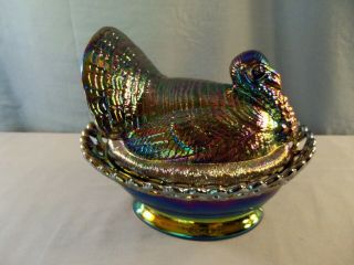 Large Mosser Amethyst Carnival Glass Turkey On The Nest Covered Candy Dish