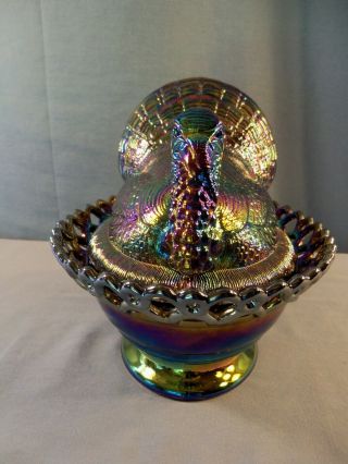 Large Mosser Amethyst Carnival Glass Turkey on the Nest Covered Candy Dish 2