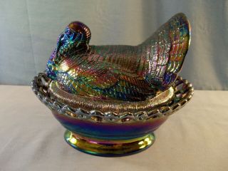 Large Mosser Amethyst Carnival Glass Turkey on the Nest Covered Candy Dish 3