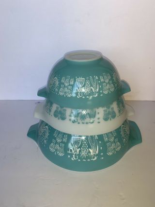 Vintage Pyrex Butterprint 3pc Cinderella Nesting Mixing Bowl 442 443 444 2