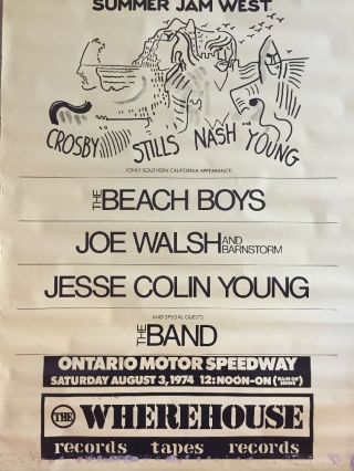 Orig 1974 " Summer Jam West " Rock Concert Poster Beach Boys,  Csny,  Bill Graham,  73 