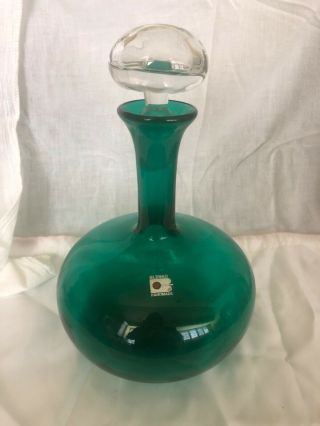 Vintage Blenko American Art Glass Green Decanter W/ Clear Stopper & Sticker