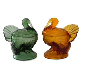 Vintage L E Smith Glass Lidded Turkey Bowl Candy Dish In Forest Green And Amber