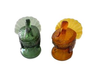 Vintage L E Smith Glass Lidded Turkey Bowl Candy Dish in Forest Green and Amber 2