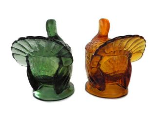 Vintage L E Smith Glass Lidded Turkey Bowl Candy Dish in Forest Green and Amber 4