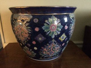 Hand Painted Porcelain Chinese Fish Bowl Planter 14 " Gilded Cobalt Blue Floral