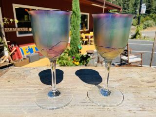 Pair Signed Steven Maslach Hand Blown Iridescent Art Glass Wine Goblets Perfect