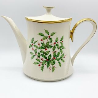 Lenox Holiday Dimension Coffee Tea Pot With Lid Holly Gold Trim Christmas