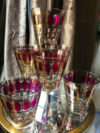 6 Vintage,  Signed,  Culver Cranberry Scroll Glasses,  Old Fashions,
