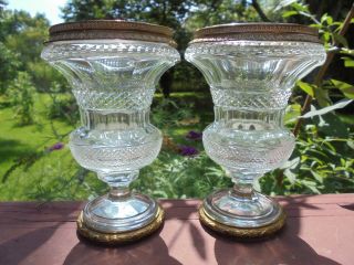Pair Antique French Baccarat Style Cut Glass Crystal & Bronze Urns 4 7/8 "
