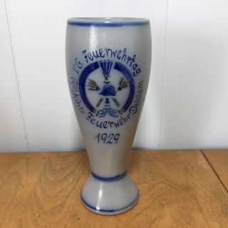 Antique 1929 German Fire Fighter Award - Plewa Salt Glazed Cobalt Pottery Dahlem